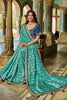 Designer Teal Blue Silk Saree Golden Border Contrast Navy Blouse
