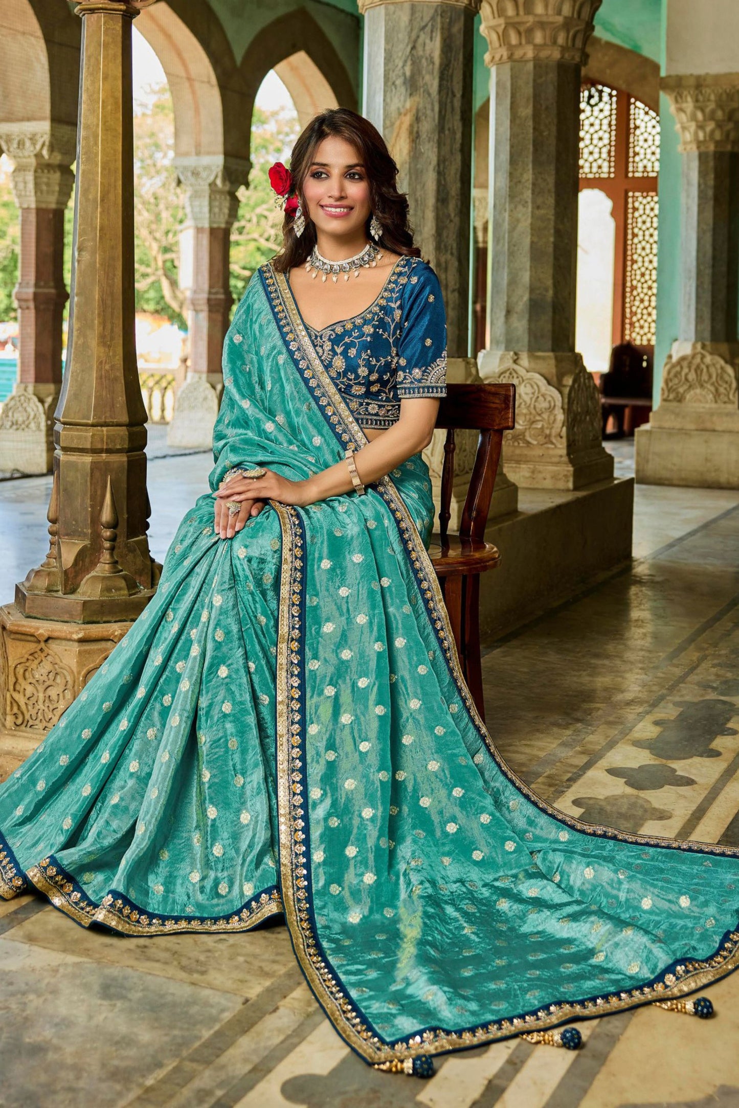Designer Teal Blue Silk Saree Golden Border Contrast Navy Blouse
