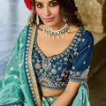 Designer Teal Blue Silk Saree Golden Border Contrast Navy Blouse