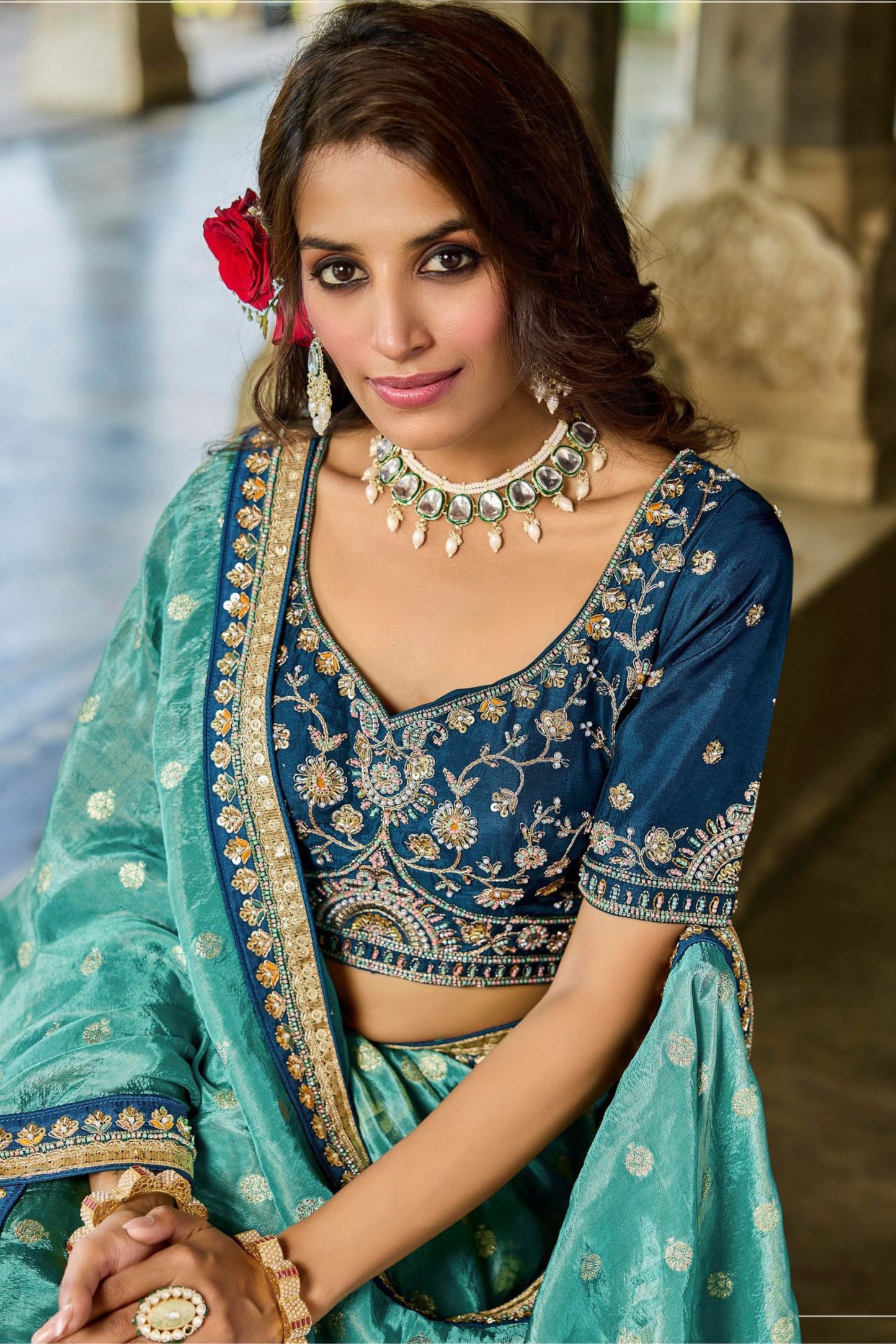 Designer Teal Blue Silk Saree Golden Border Contrast Navy Blouse