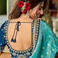 Designer Teal Blue Silk Saree Golden Border Contrast Navy Blouse