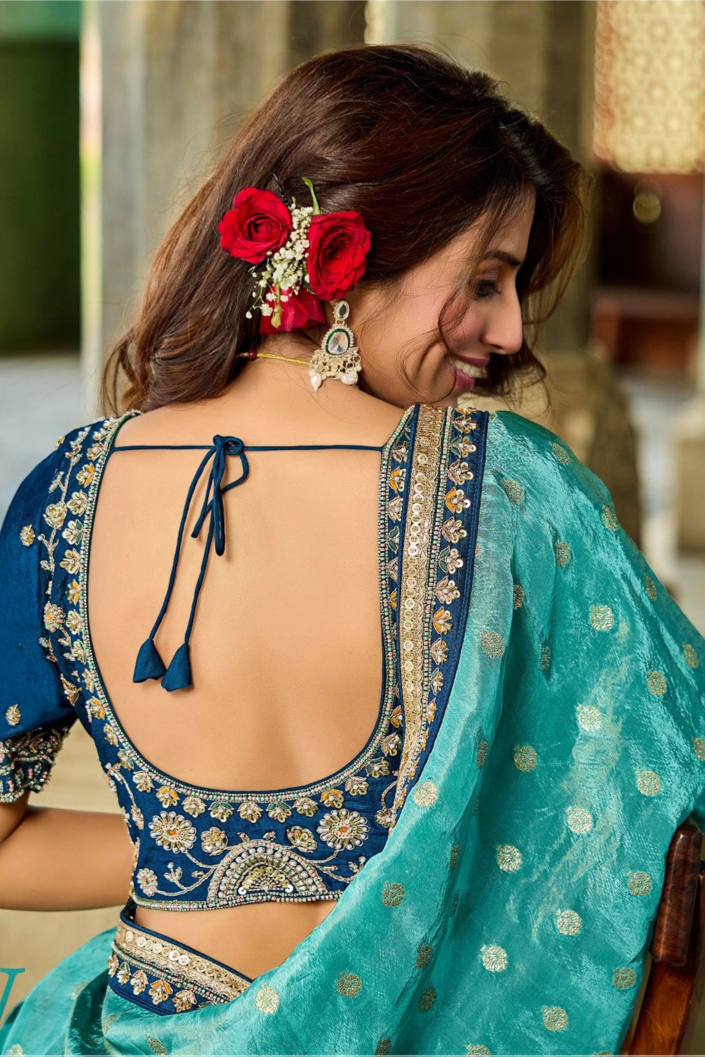 Designer Teal Blue Silk Saree Golden Border Contrast Navy Blouse