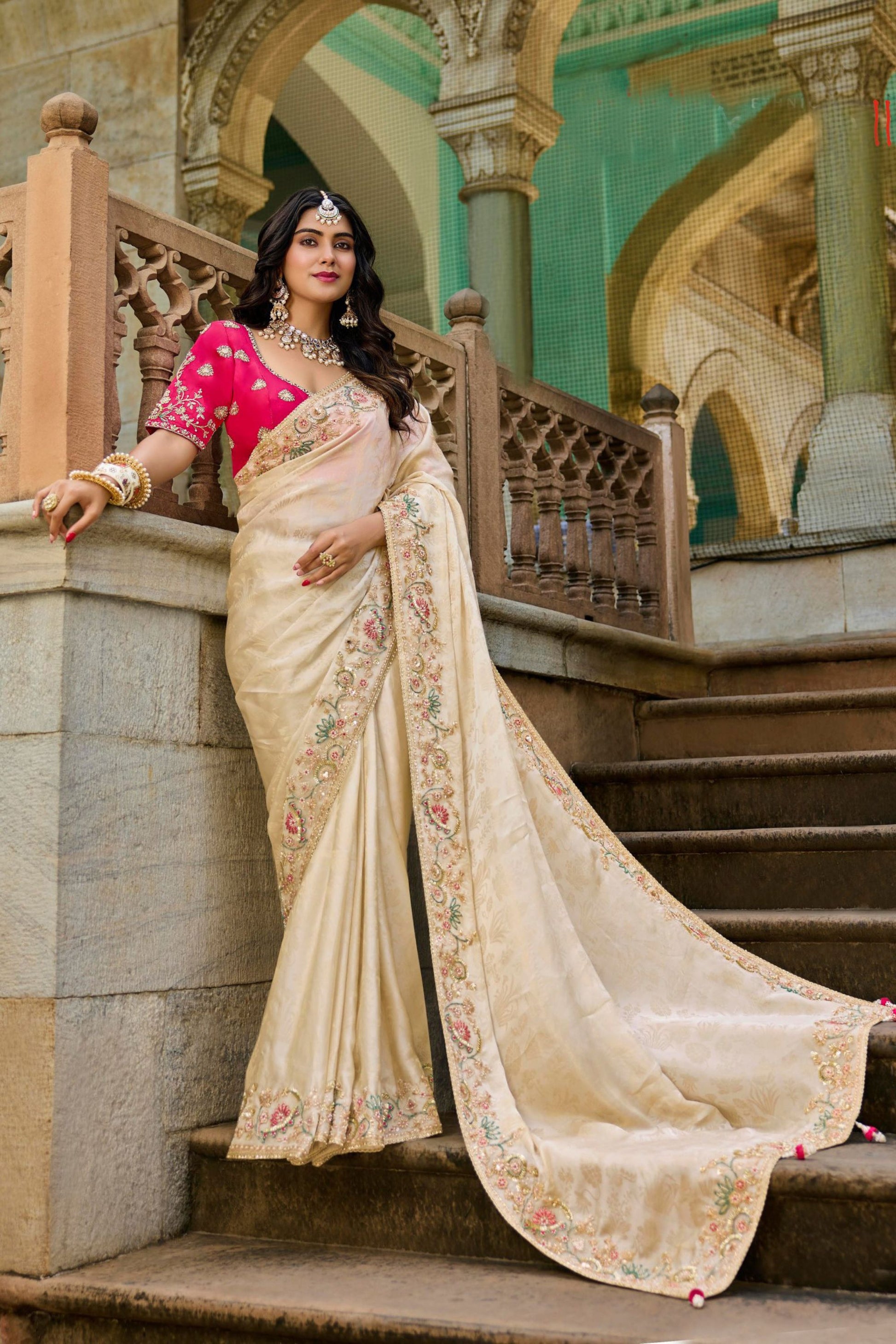 Elegant Cream Silk Saree Designer Pink Blouse Festive Wear
