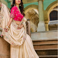 Elegant Cream Silk Saree Designer Pink Blouse Festive Wear