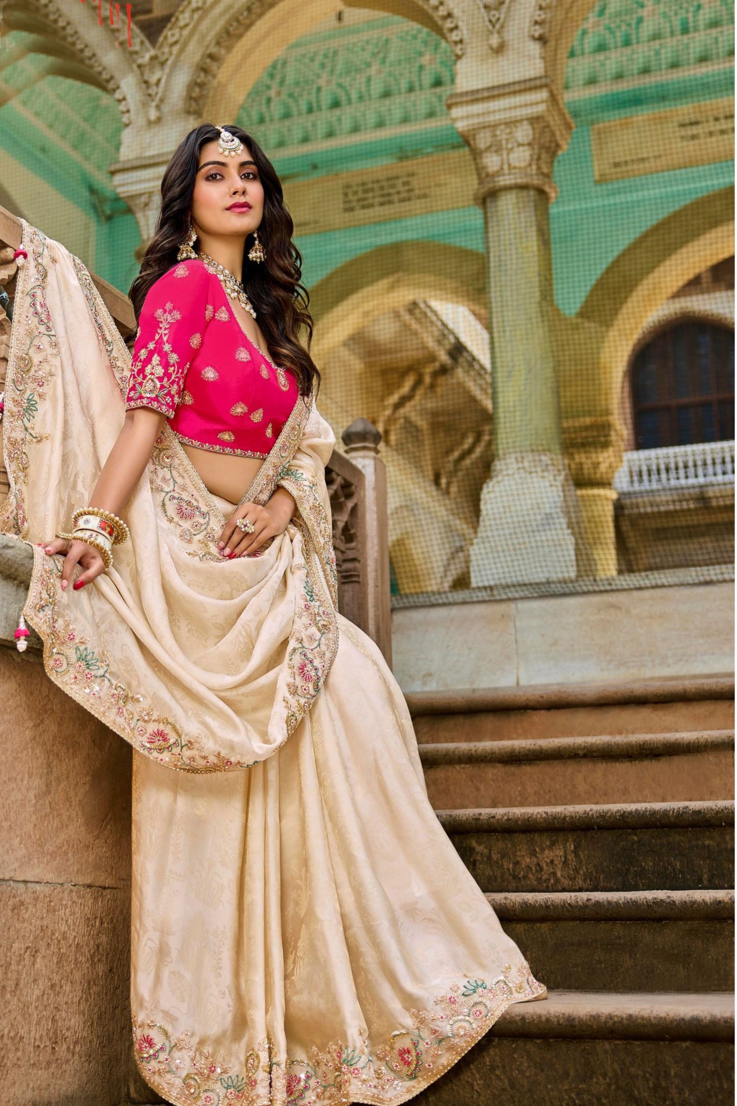 Elegant Cream Silk Saree Designer Pink Blouse Festive Wear