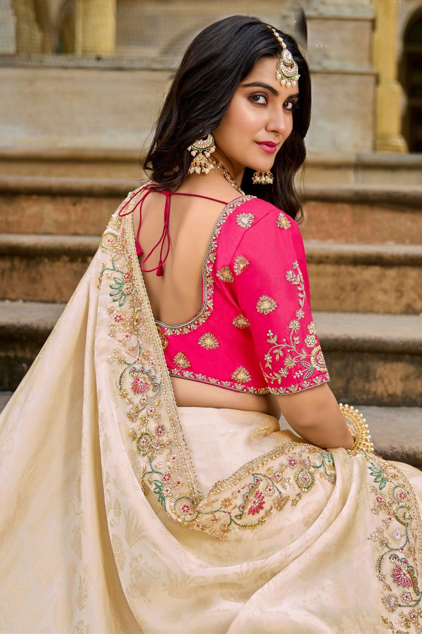 Elegant Cream Silk Saree Designer Pink Blouse Festive Wear