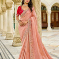 Designer Peach Silk Saree Contrast Red Blouse Festive Wear