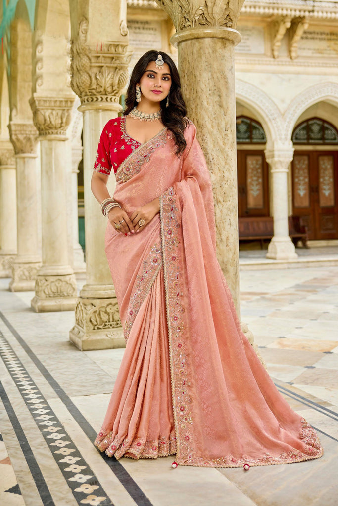 Designer Peach Silk Saree Contrast Red Blouse Festive Wear