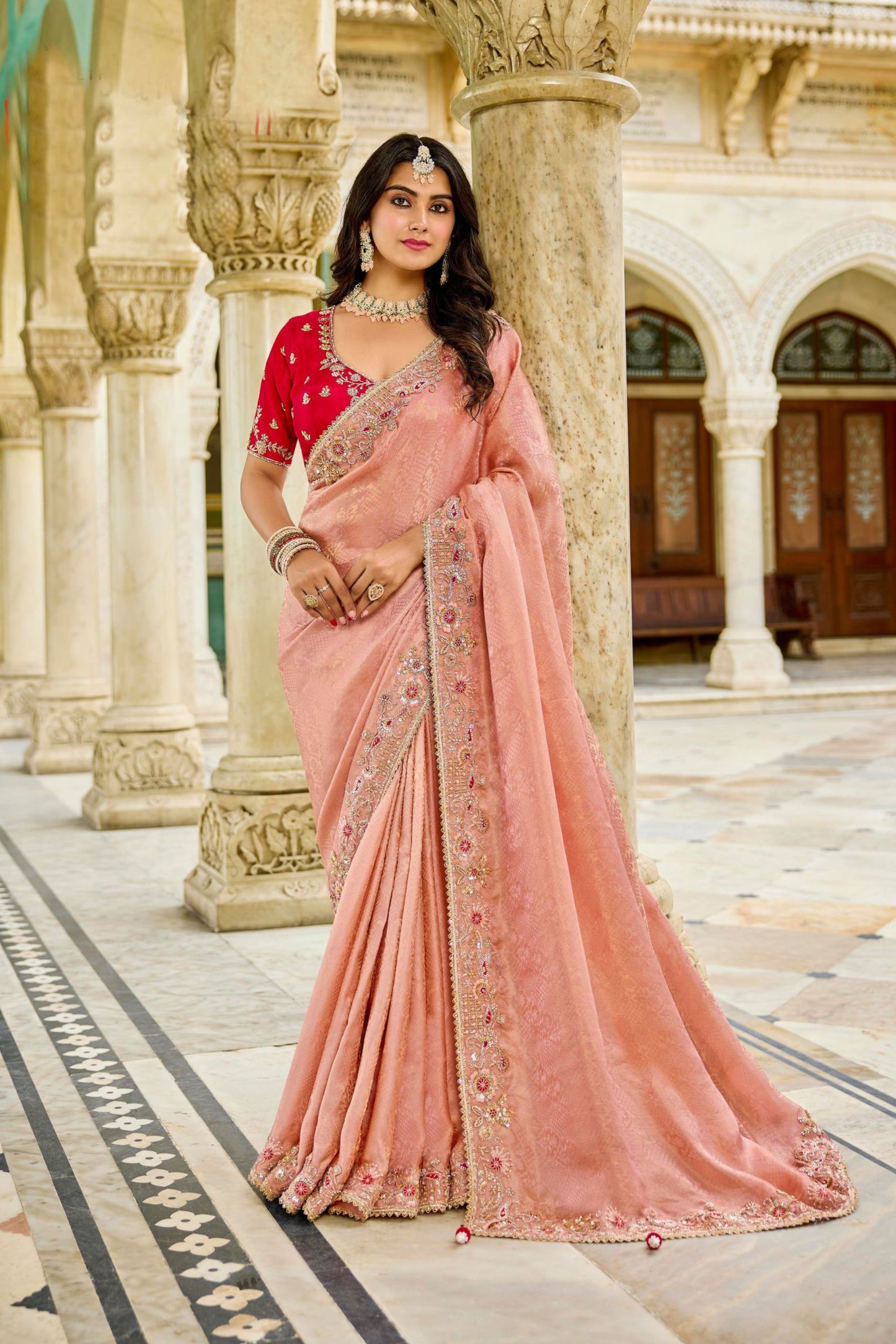 Designer Peach Silk Saree Contrast Red Blouse Festive Wear