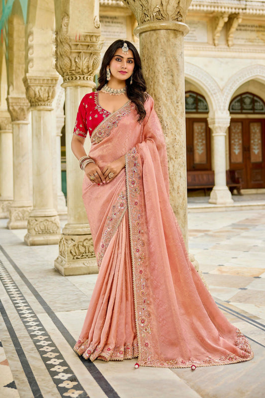 Designer Peach Silk Saree Contrast Red Blouse Festive Wear