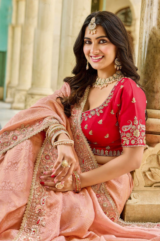 Designer Peach Silk Saree Contrast Red Blouse Festive Wear