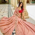 Designer Peach Silk Saree Contrast Red Blouse Festive Wear