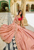 Designer Peach Silk Saree Contrast Red Blouse Festive Wear