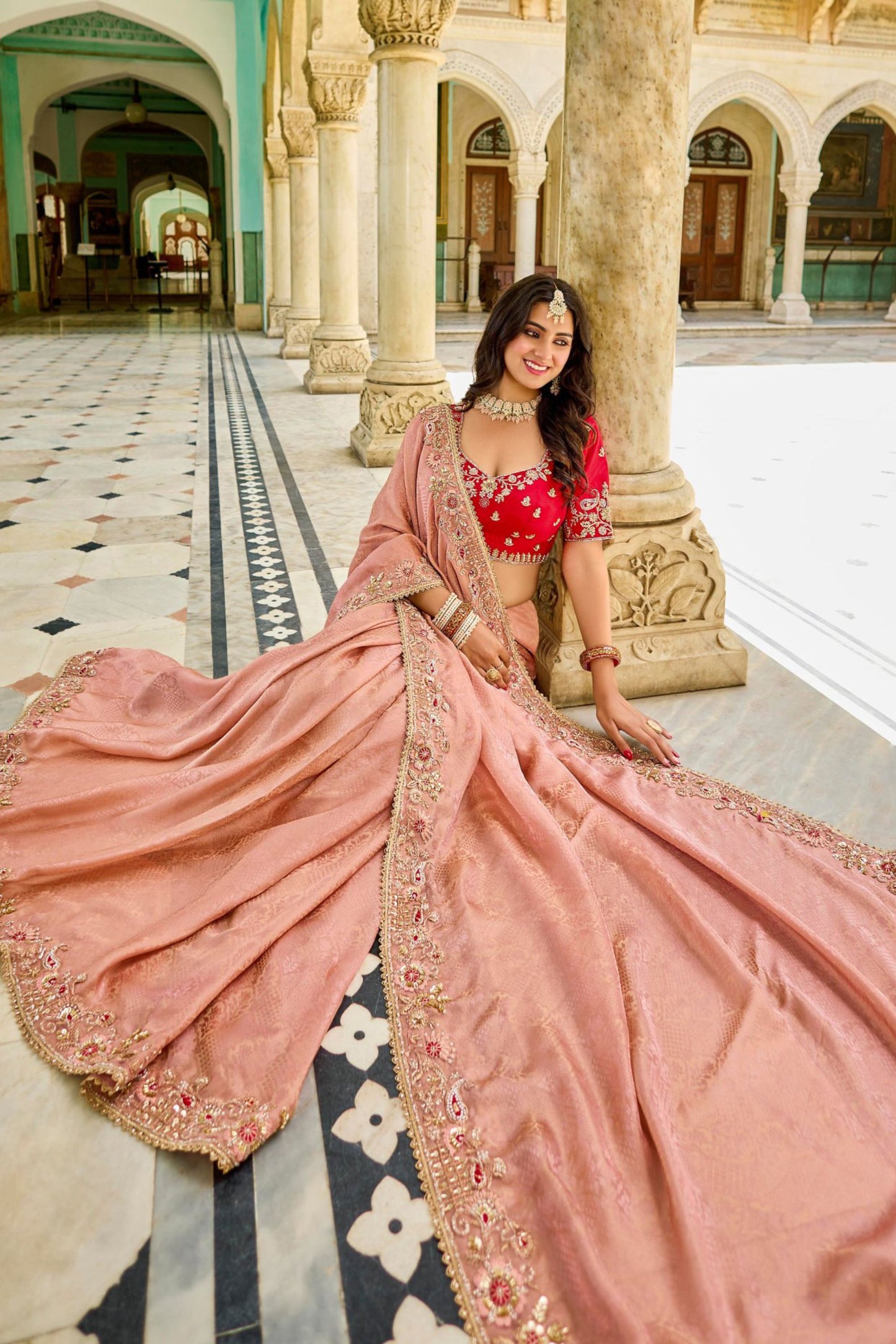 Designer Peach Silk Saree Contrast Red Blouse Festive Wear