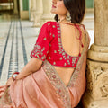 Designer Peach Silk Saree Contrast Red Blouse Festive Wear