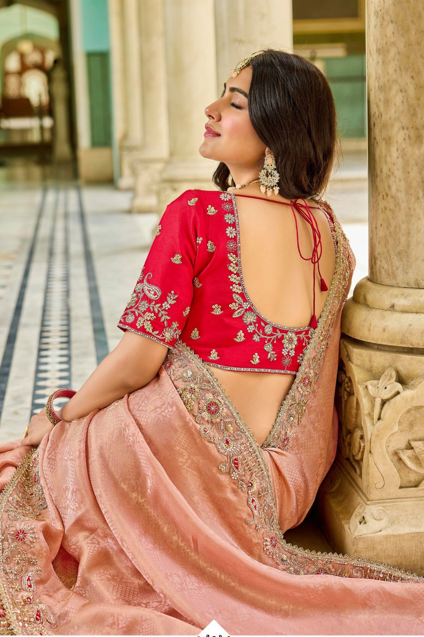 Designer Peach Silk Saree Contrast Red Blouse Festive Wear