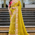 Designer Mustard Yellow Silk Saree Contrast Red Blouse Festive Wear