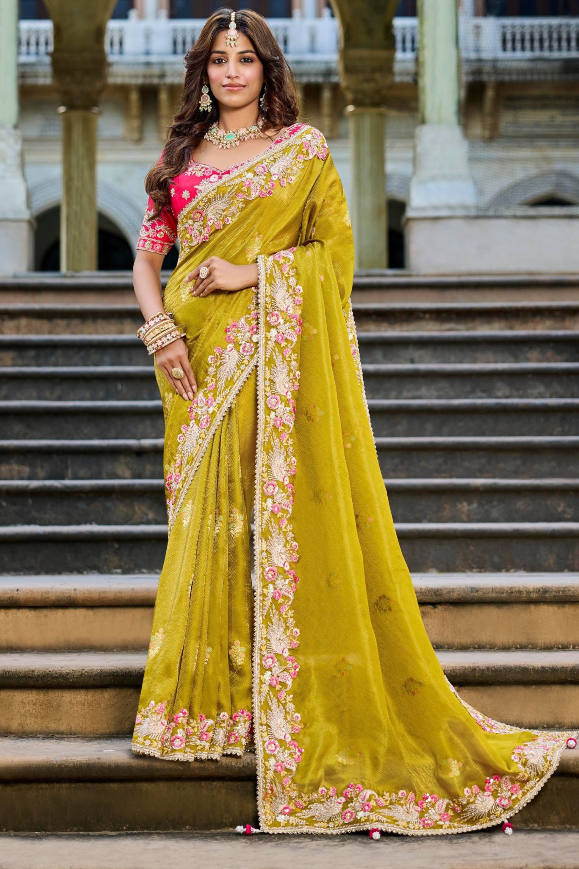 Designer Mustard Yellow Silk Saree Contrast Red Blouse Festive Wear