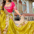 Designer Mustard Yellow Silk Saree Contrast Red Blouse Festive Wear