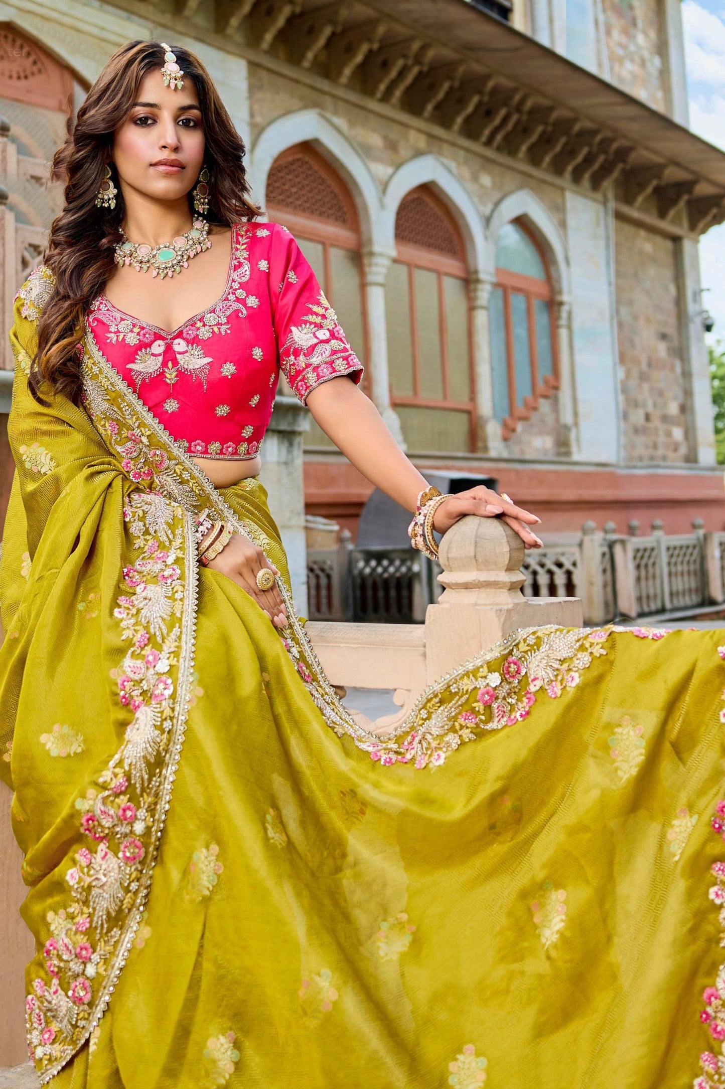 Designer Mustard Yellow Silk Saree Contrast Red Blouse Festive Wear