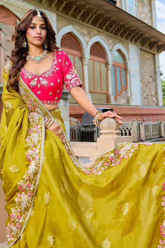 Designer Mustard Yellow Silk Saree Contrast Red Blouse Festive Wear