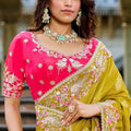 Designer Mustard Yellow Silk Saree Contrast Red Blouse Festive Wear