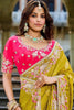 Designer Mustard Yellow Silk Saree Contrast Red Blouse Festive Wear