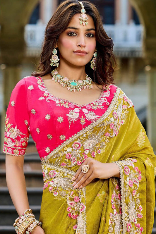 Designer Mustard Yellow Silk Saree Contrast Red Blouse Festive Wear