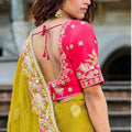 Designer Mustard Yellow Silk Saree Contrast Red Blouse Festive Wear