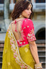 Designer Mustard Yellow Silk Saree Contrast Red Blouse Festive Wear