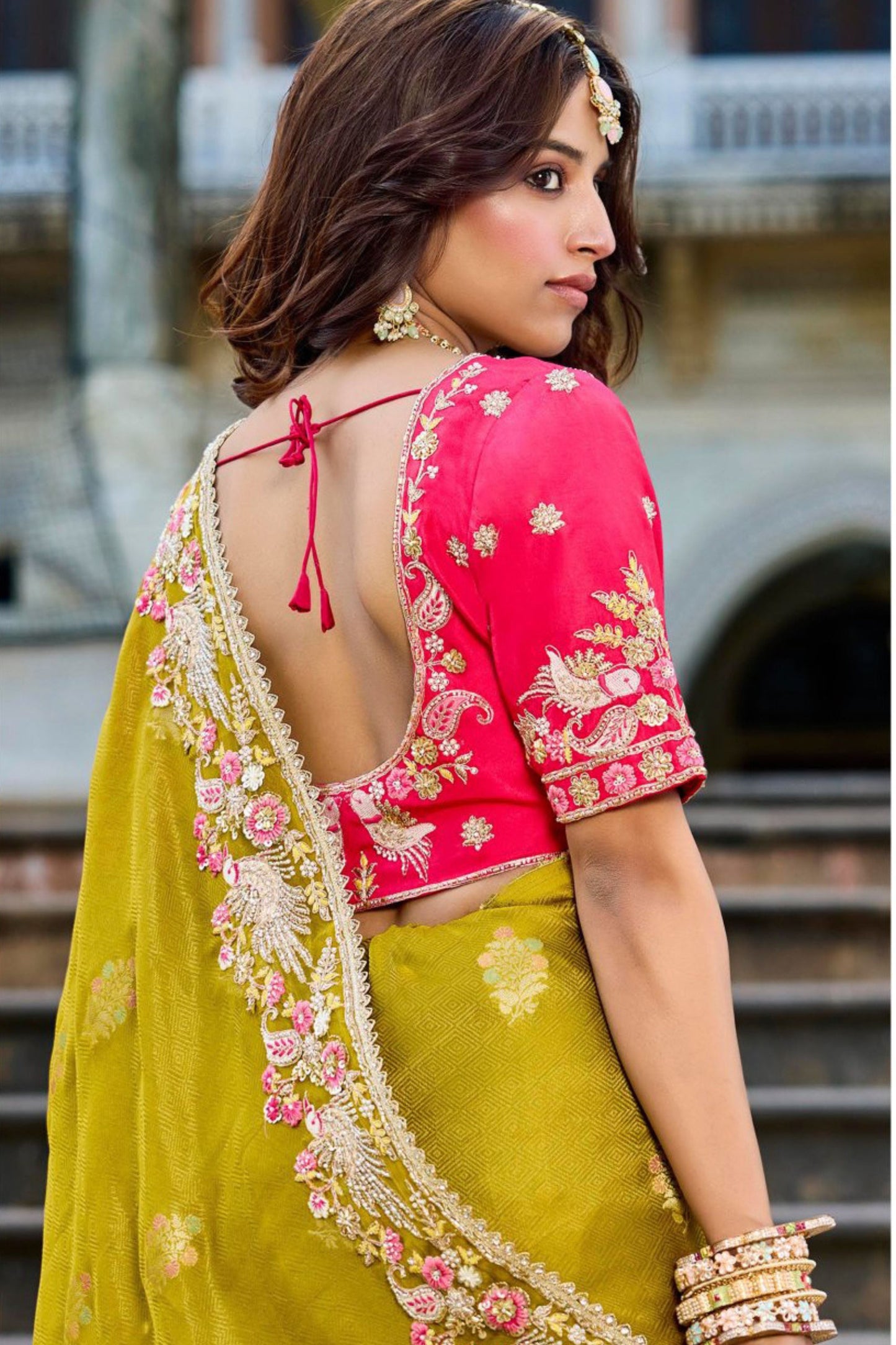 Designer Mustard Yellow Silk Saree Contrast Red Blouse Festive Wear