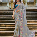 Elegant Grey Silk Saree Contrast Blue Blouse Festive Wear