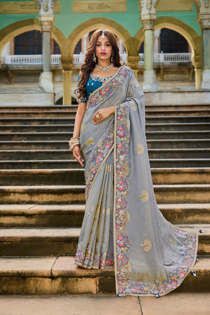 Elegant Grey Silk Saree Contrast Blue Blouse Festive Wear