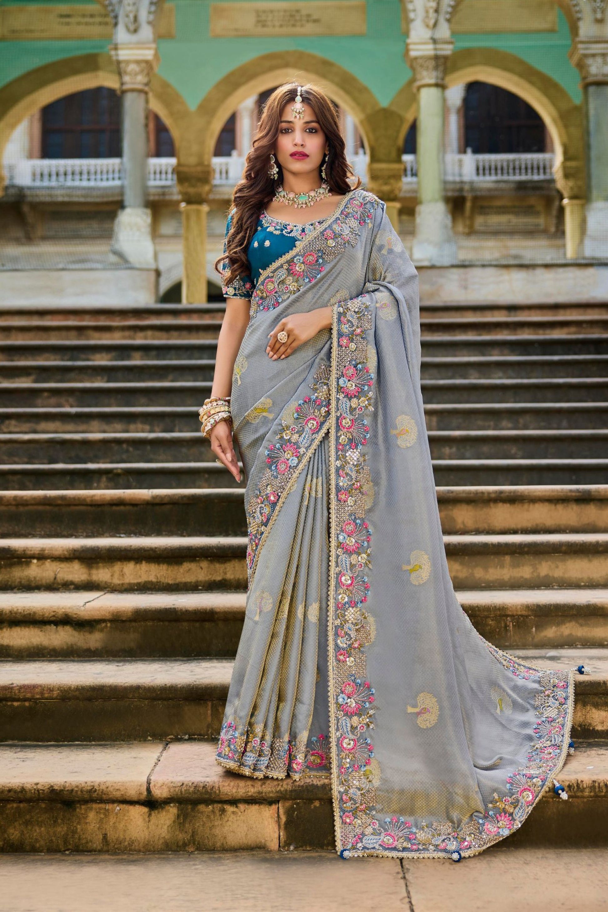 Elegant Grey Silk Saree Contrast Blue Blouse Festive Wear