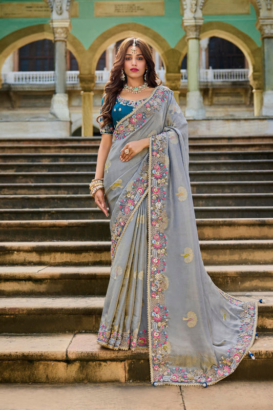 Elegant Grey Silk Saree Contrast Blue Blouse Festive Wear