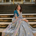 Elegant Grey Silk Saree Contrast Blue Blouse Festive Wear
