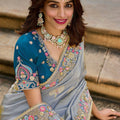 Elegant Grey Silk Saree Contrast Blue Blouse Festive Wear