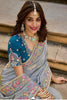 Elegant Grey Silk Saree Contrast Blue Blouse Festive Wear