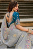 Elegant Grey Silk Saree Contrast Blue Blouse Festive Wear