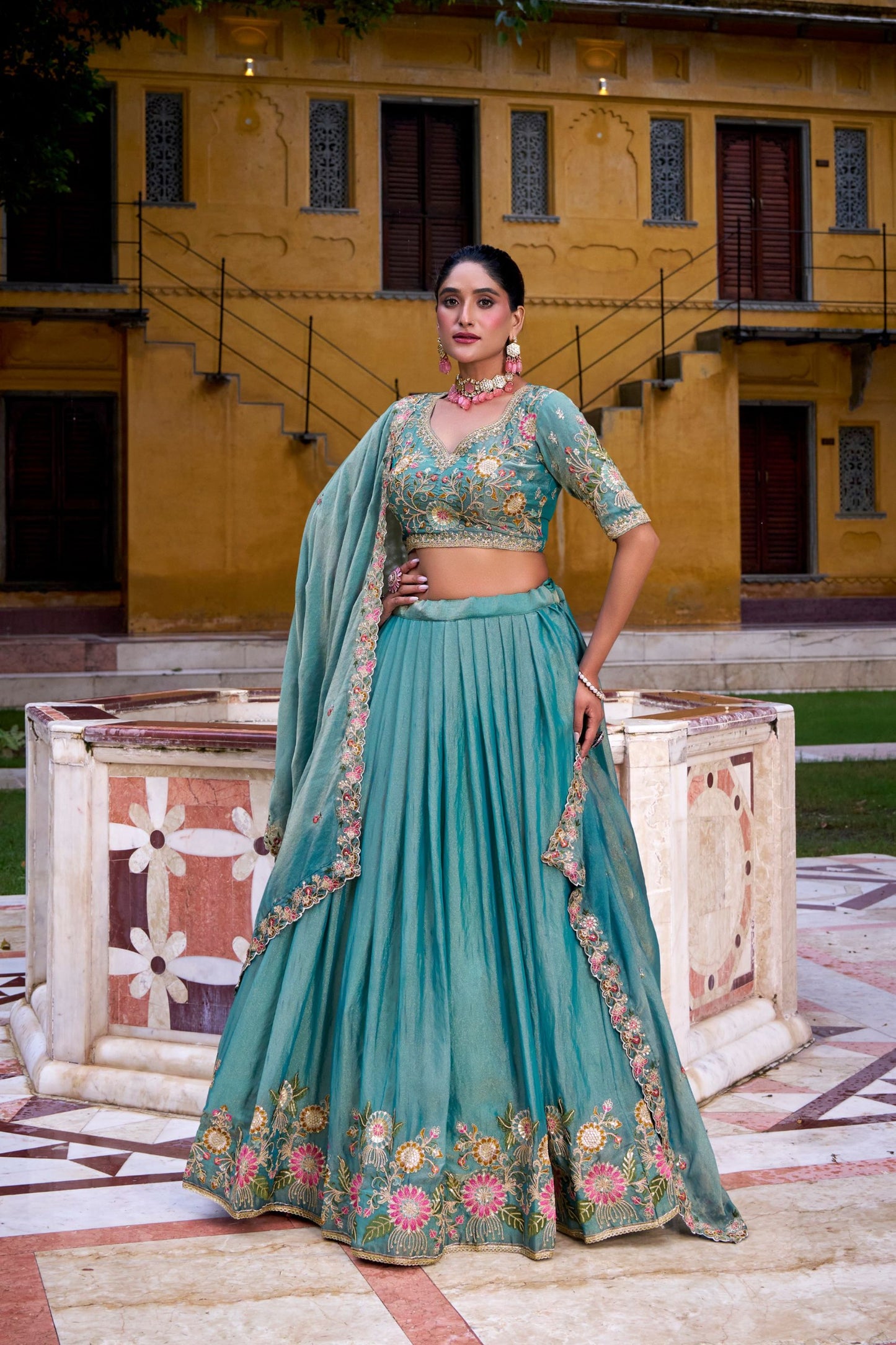 Elegant Teal Green Silk Embroidered Lehenga Choli with Floral Work and Matching Dupatta