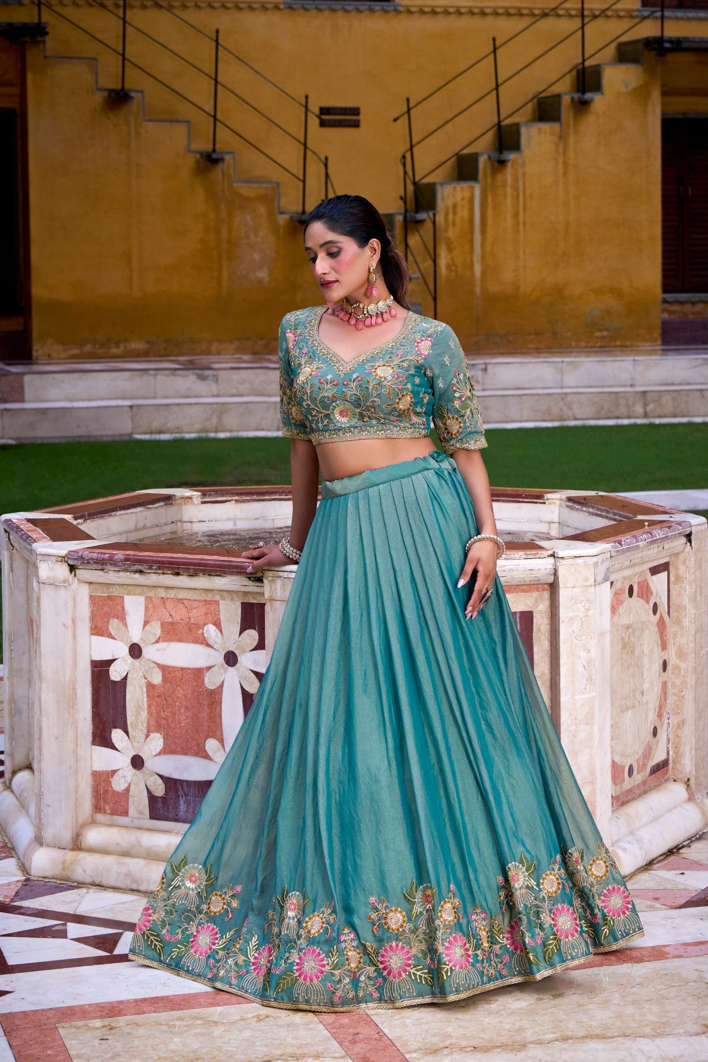Elegant Teal Green Silk Embroidered Lehenga Choli with Floral Work and Matching Dupatta