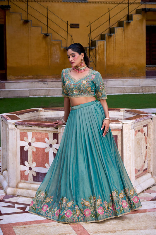 Elegant Teal Green Silk Embroidered Lehenga Choli with Floral Work and Matching Dupatta