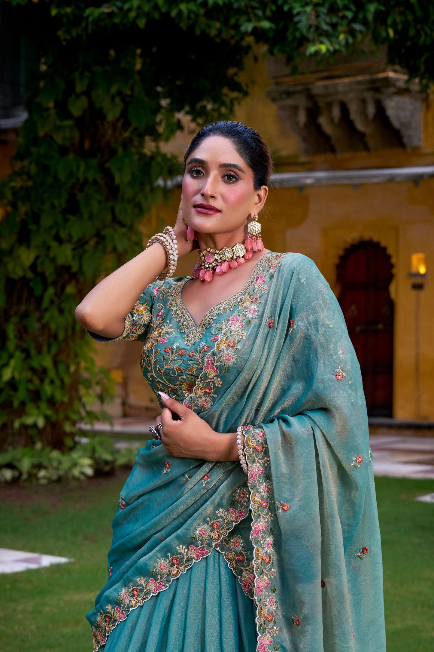 Elegant Teal Green Silk Embroidered Lehenga Choli with Floral Work and Matching Dupatta