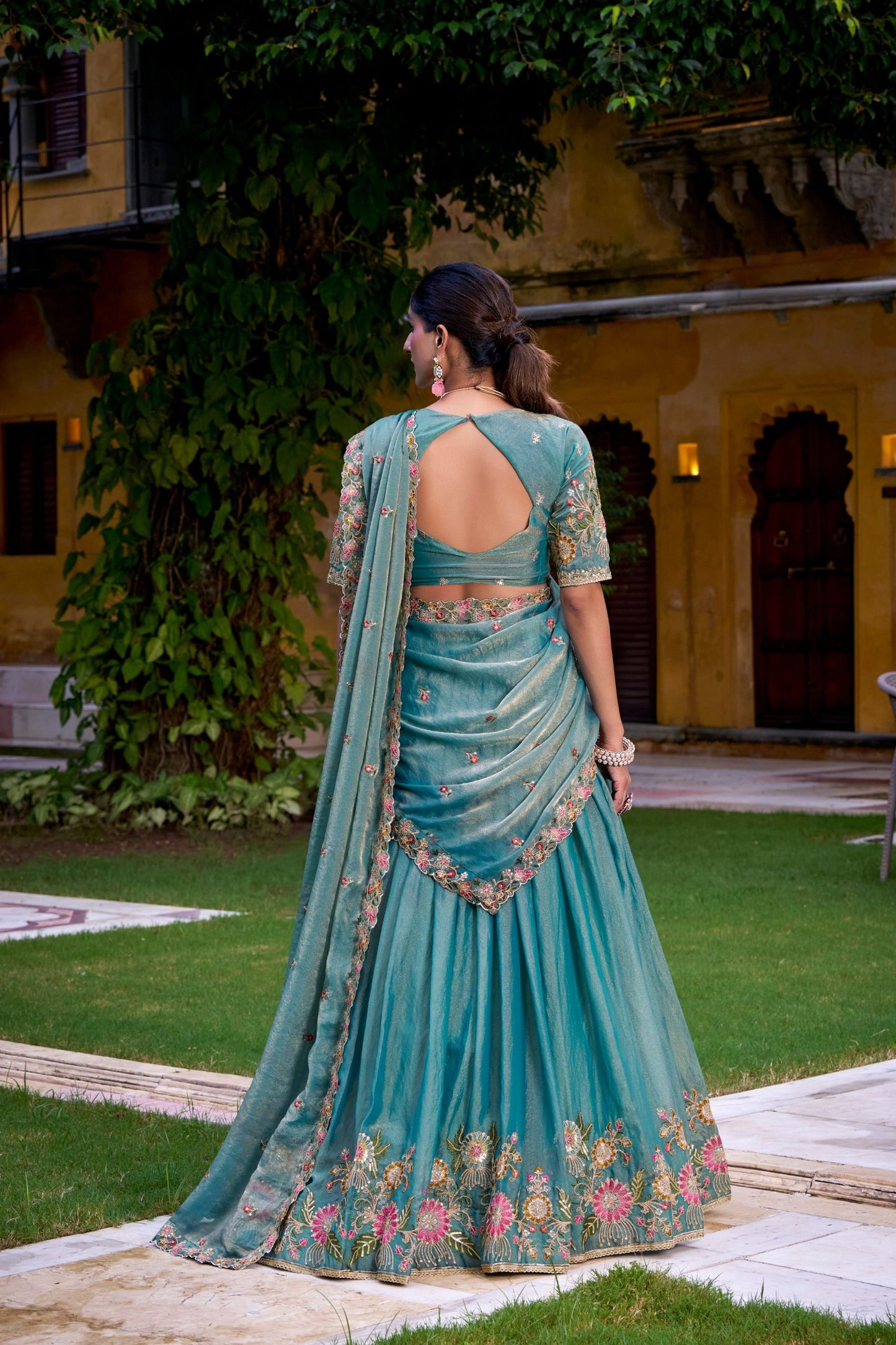 Elegant Teal Green Silk Embroidered Lehenga Choli with Floral Work and Matching Dupatta