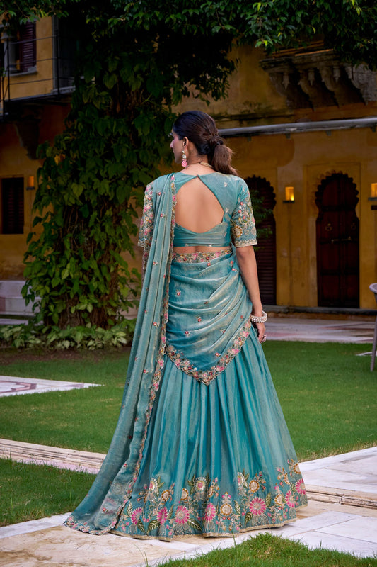 Elegant Teal Green Silk Embroidered Lehenga Choli with Floral Work and Matching Dupatta