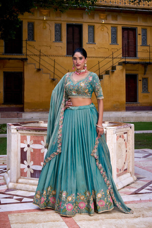 Elegant Teal Green Silk Embroidered Lehenga Choli with Floral Work and Matching Dupatta
