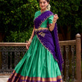 Traditional Rama Green Poly Cotton Lehenga Choli with Golden Zari Border and Embroidered Dupatta