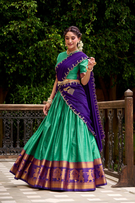 Traditional Rama Green Poly Cotton Lehenga Choli with Golden Zari Border and Embroidered Dupatta