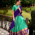 Traditional Rama Green Poly Cotton Lehenga Choli with Golden Zari Border and Embroidered Dupatta