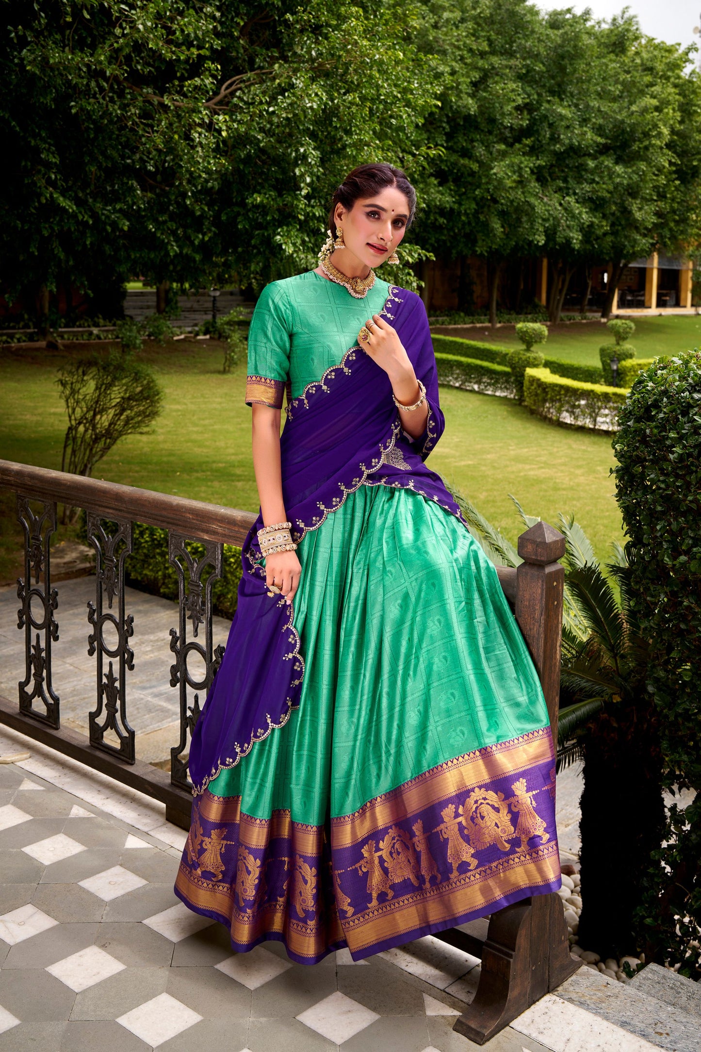 Traditional Rama Green Poly Cotton Lehenga Choli with Golden Zari Border and Embroidered Dupatta